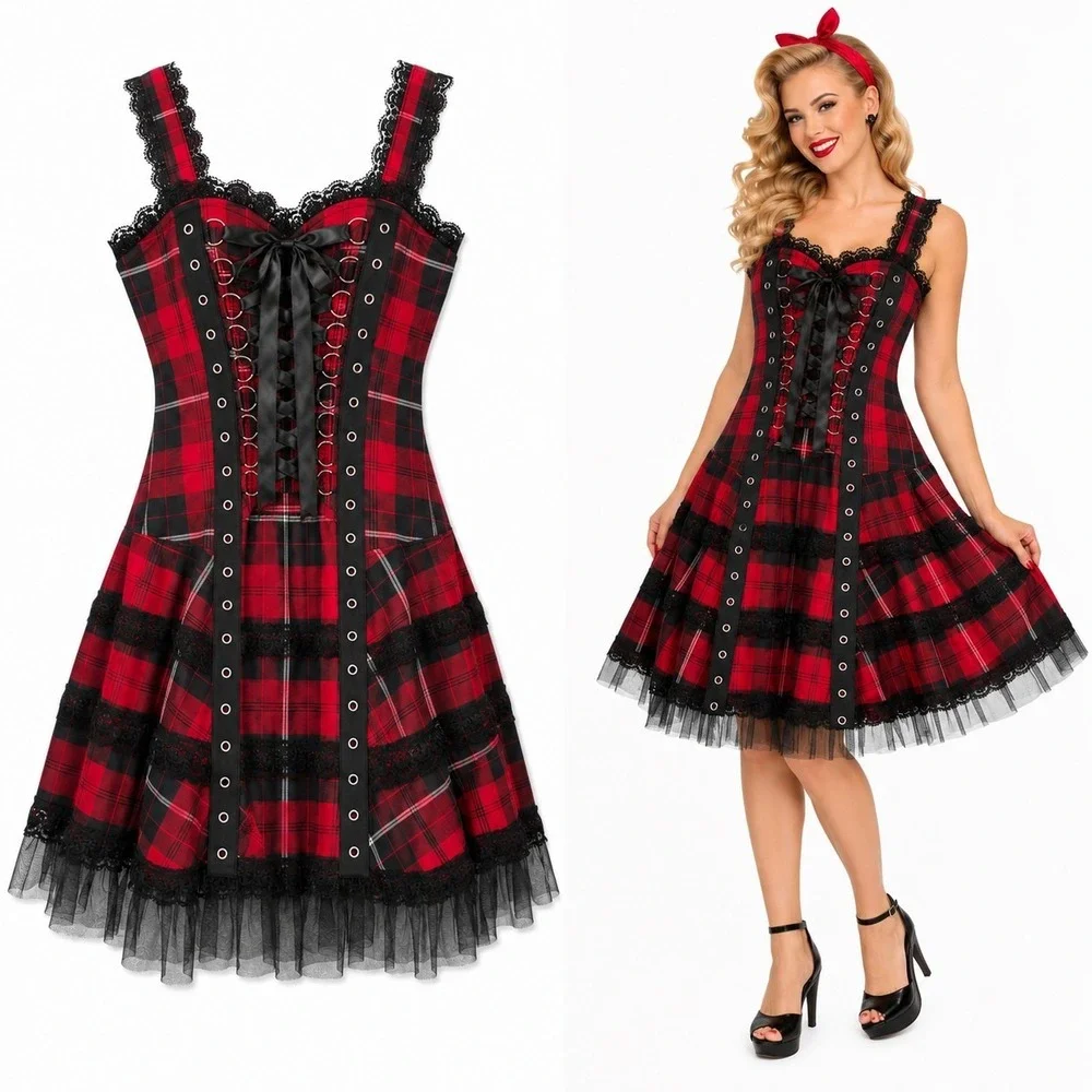 Hell Bunny Plaid Corset Dress S Harley Tartan Rockabilly Pinup Lace Tulle Swing Hell Bunny Plaid Corset Dress S Harley Tartan Rockabilly Pinup Lace Tulle Swing